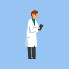 Naklejka na ściany i meble Male Professional Doctor Character with Clipboard, Worker of Medical Clinic or Hospital in White Lab Coat Vector Illustration