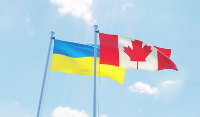 Canada and Ukraine, two flags waving against blue sky. 3d image
