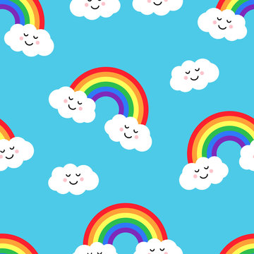 Seamless pattern with rainbow and clouds on blue background. Vector illustration