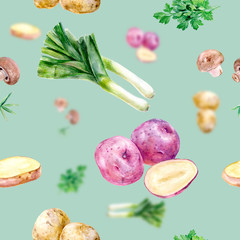 Watercolor hand drawn vegetables isolated seamless pattern.