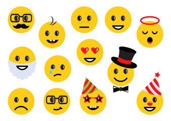 Yellow smileys, set of different emoticon icons. Vector illustration