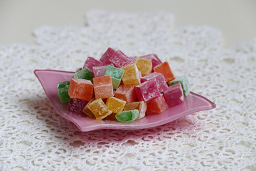 close up of tiny turkish delight in plate