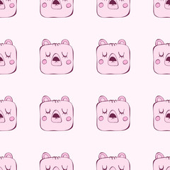 Cute hand drawn vector seamless pattern. Pink teddy bear, closed eyes isolated on  background. Unique abstract texture for invitations, cards, websites, wrapping paper, textile. Animals, wildlife