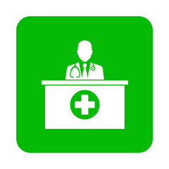 Icono plano consulta del médico en cuadrado color verde