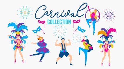 Carnival collection with festive people wearing different costumes. Costume party people. Carnaval people set. Vector illustration