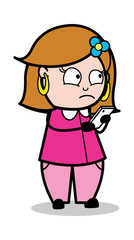 Using Smartphone - Retro Cartoon Female Housewife Mom Vector Illustration