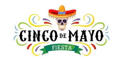 Cinco de mayo vector greeting card with scull, traditional mexican hat and flourish elements. 5 may mexican holiday colorful greeting card. Vector illustration