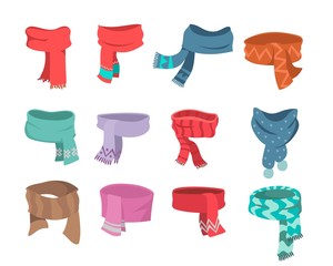 Set of scarfs in cartoon style for autumn and winter. Cozy seasonal clothing collection. Knitted scarf set isolated on white background. Vector clothing in trendy style.