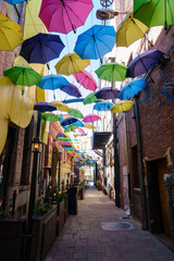 Fototapeta na wymiar Colorful umbrellas hanging in the famous Orange Street Alley