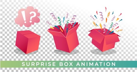 Surprise box animation vector illustration. Vector red box with confetti and ribbons. Festive surprise box for ui, web, print design etc. Vector box with confetti.
