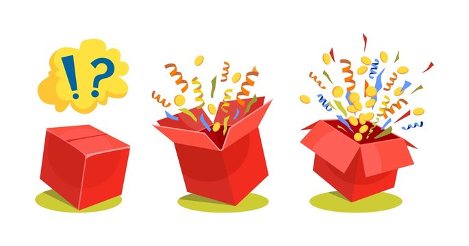 Surprise box animation vector illustration. Vector red box with coins, confetti and ribbons. Sale and discount surprise box for ui, web, print design etc. Vector box set with confetti.