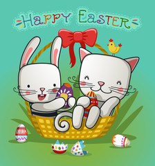cute cat and bunny in the Easter basket with eggs