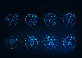Set of glowing low polygonal globes shows planet Earth with different continents outlines. © Inna