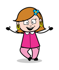 Raising Hands and Smiling - Retro Cartoon Female Housewife Mom Vector Illustration