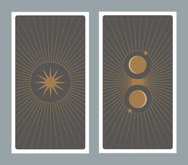 Back of Tarot card decorated with stars, sun and moon