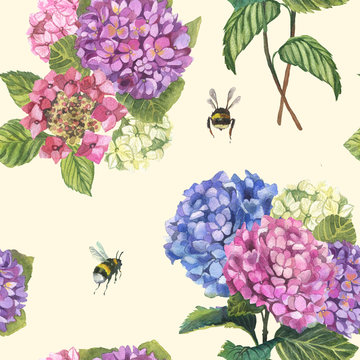Watercolor hydragenia seamless pattern . Hand painted flowers with leaves and branch and.bumblebees . Nature botanical illustration for design, print.