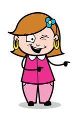 Pointing with Winking Eye - Retro Cartoon Female Housewife Mom Vector Illustration