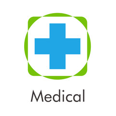 Obraz premium Logotipo abstracto con texto Medical con cruz con marco en espacio negativo en verde y azul
