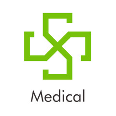 Logotipo abstracto con texto Medical con cruz lineal en espacio negativo en color verde © teracreonte