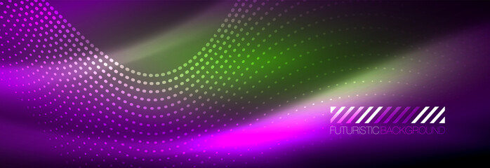 Glowing abstract wave on dark, shiny motion, magic space light. Vector techno abstract background