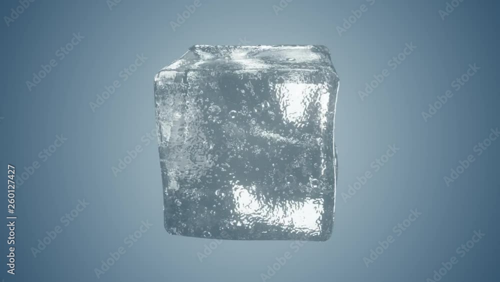 Poster detailed ice cube close up rotates on light blue isolated background. 4k seamless loop cg animation