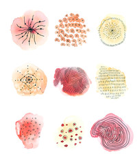 Watercolor drawing of abstract circles decorated graphic elements.