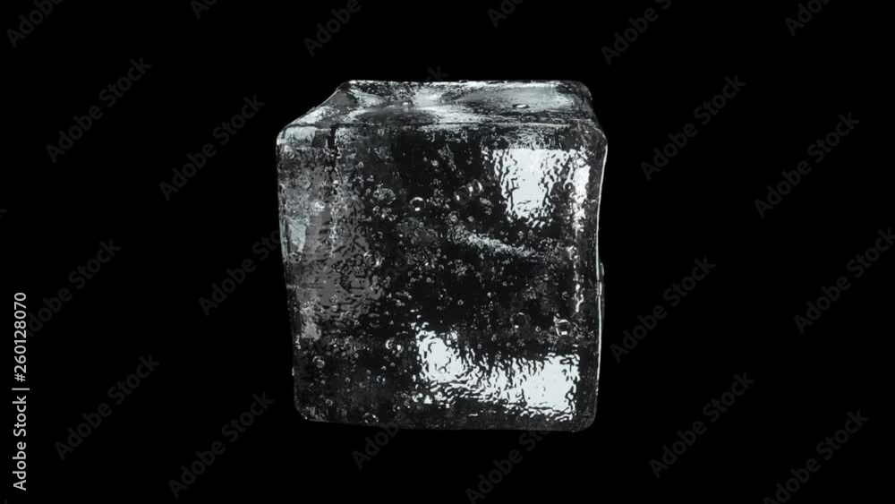 Poster detailed ice cube close up rotates on black isolated background. 4k seamless loop cg animation with 