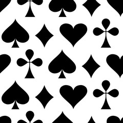 Casino gambling theme. Seamless pattern with playing card suits. Poker card suits - heart, club, spade and diamonds. Black silhouettes on white background. Vector illustration
