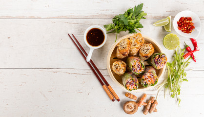 Top view composition of various Asian appetizer