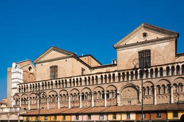 Fototapeta premium detail of building on square Piazza Treno e Trieste, in Ferrara, Italy
