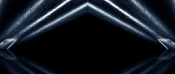 Abstract blue background with lines and rays of neon light. Reflection in space of symmetry....