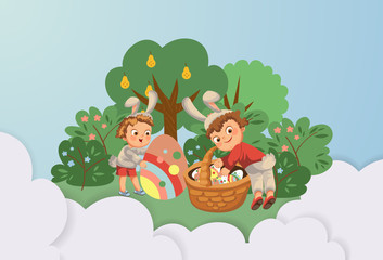 Obraz na płótnie Canvas Little boy smile hunting decorative chocolate egg under brush in easter bunny costume with ears and tail, vector illustration, spring holiday fun, isolated on white, paschal basket for eggs hunter