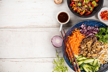 Top view composition of vietnamese food in bowl