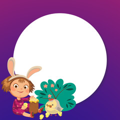 little girl smile playing with chickens under flowers bush, baby in apron with rabbit ears headband, easter bunny mask for costume vector illustration, spring holiday fun isolated on white