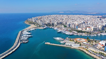 Aerial photo of iconic port of Marina Zeas with boats docked, port of Piraeus , Attica, Greece