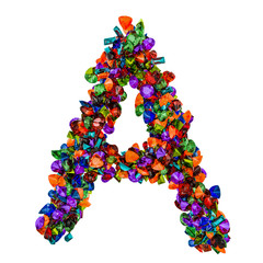 Letter A from colored gemstones. 3D rendering