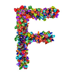 Letter F from colored gemstones. 3D rendering