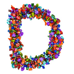 Letter D from colored gemstones. 3D rendering