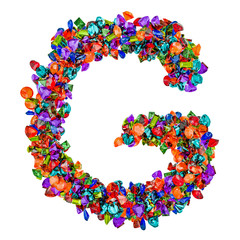 Letter G from colored gemstones. 3D rendering