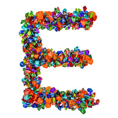 Letter E from colored gemstones. 3D rendering