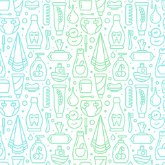 Ordered seamless pattern with baby hygiene accessories. Contour style vector illustration. Suitable for wallpaper, wrapping or textile