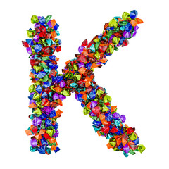 Letter K from colored gemstones. 3D rendering