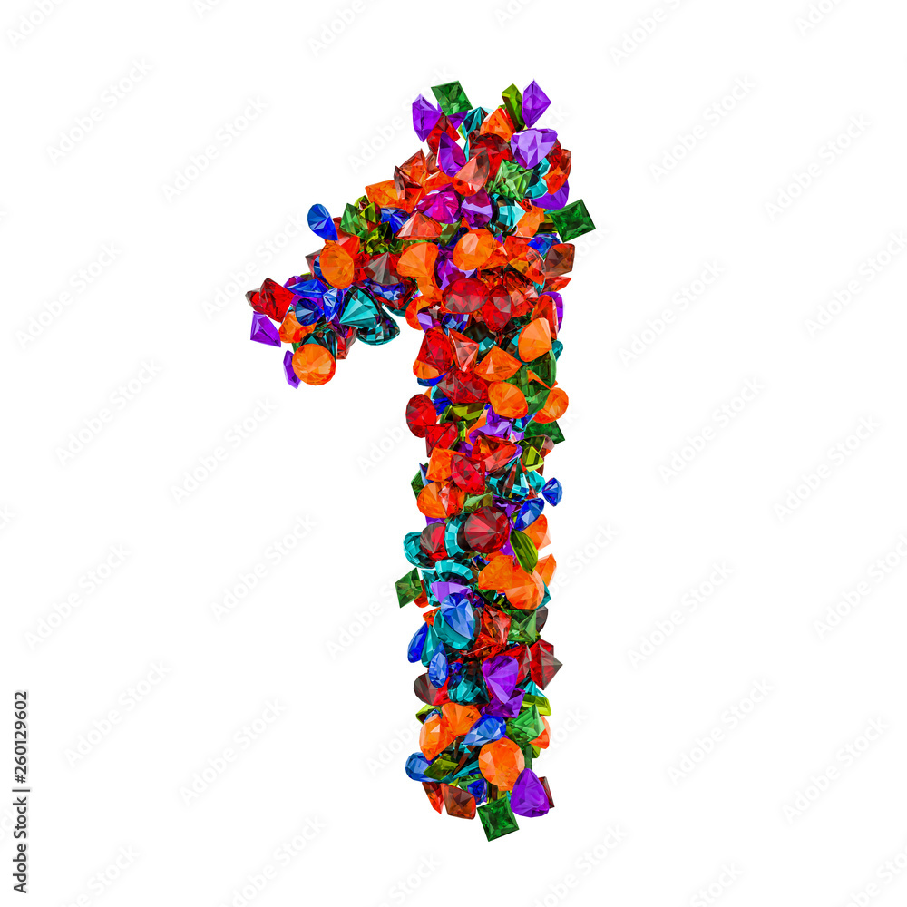 Poster number 1 from colored gemstones. 3d rendering