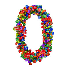 Number 0 from colored gemstones. 3D rendering