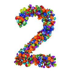 Number 2 from colored gemstones. 3D rendering