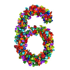 Number 6 from colored gemstones. 3D rendering