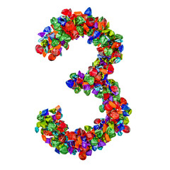 Number 3 from colored gemstones. 3D rendering