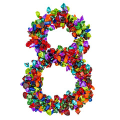 Number 8 from colored gemstones. 3D rendering