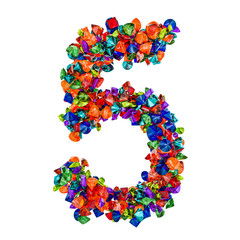 Number 5 from colored gemstones. 3D rendering