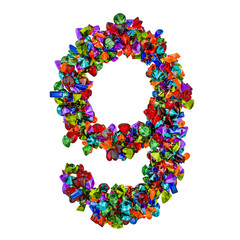 Number 9 from colored gemstones. 3D rendering